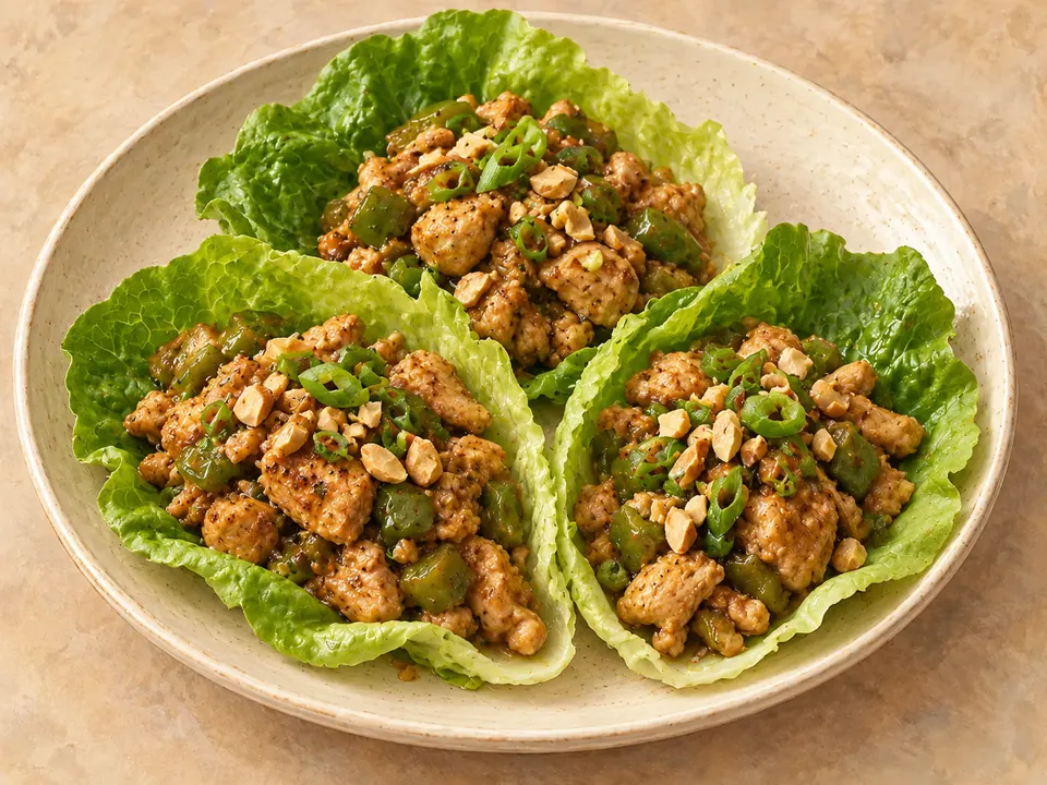 Illustration of chicken and bell pepper in sesame peanut sauce served in lettuce leaves.