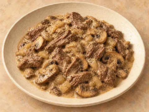 Illustration of beef brisket and mushrooms in creamy stroganoff sauce.