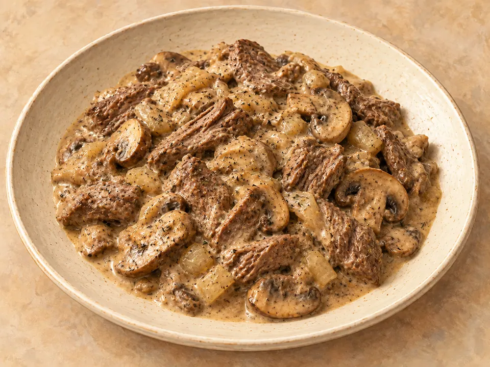Illustration of beef brisket and mushrooms in creamy stroganoff sauce.
