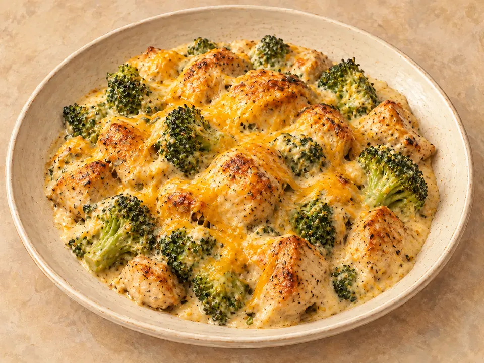 Illustration of chicken and broccoli baked in cheddar cheese sauce.
