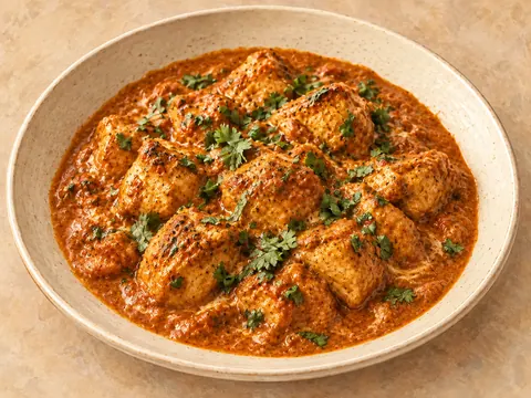 Illustration of chicken pieces in a creamy tomato sauce with ginger and garam masala.