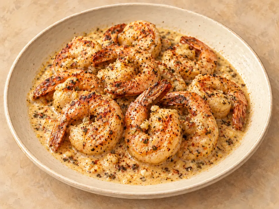 Illustration of cajun shrimp in a creamy garlic-butter sauce.