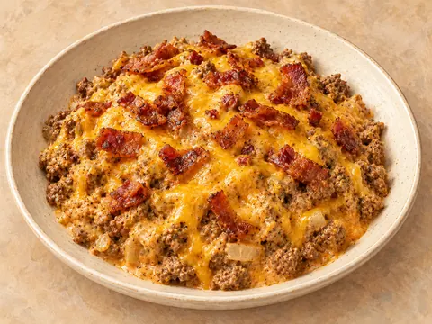 Illustration of ground beef in cheeseburger sauce topped with bacon and melted cheddar.