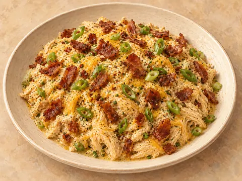 Illustration of shredded chicken in cream cheese sauce topped with bacon and scallions.
