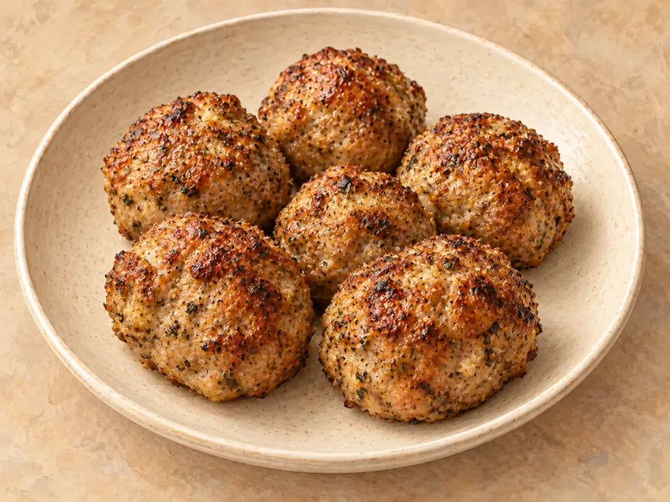 Illustration of baked Italian sausage meatballs with parmesan cheese.