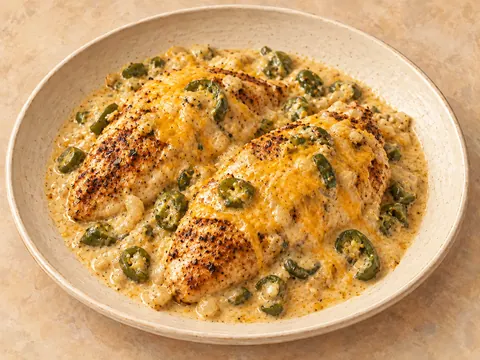 Illustration of chicken breasts with jalapeños in creamy cheddar sauce.