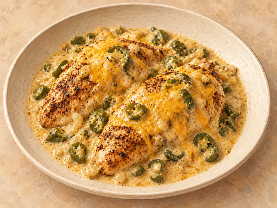 Illustration of chicken breasts with jalapeños in creamy cheddar sauce.