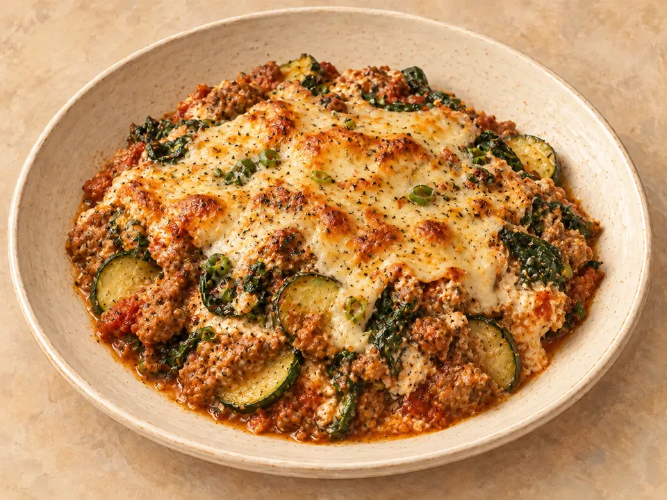 Illustration of baked sausage, zucchini and spinach in marinara under melted mozzarella.