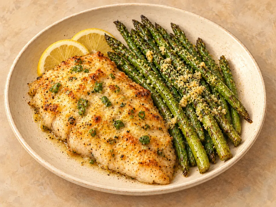 Illustration of baked tilapia with parmesan topping beside garlic-butter asparagus.