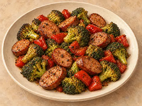 Illustration of roasted smoked sausage with broccoli and red bell pepper.