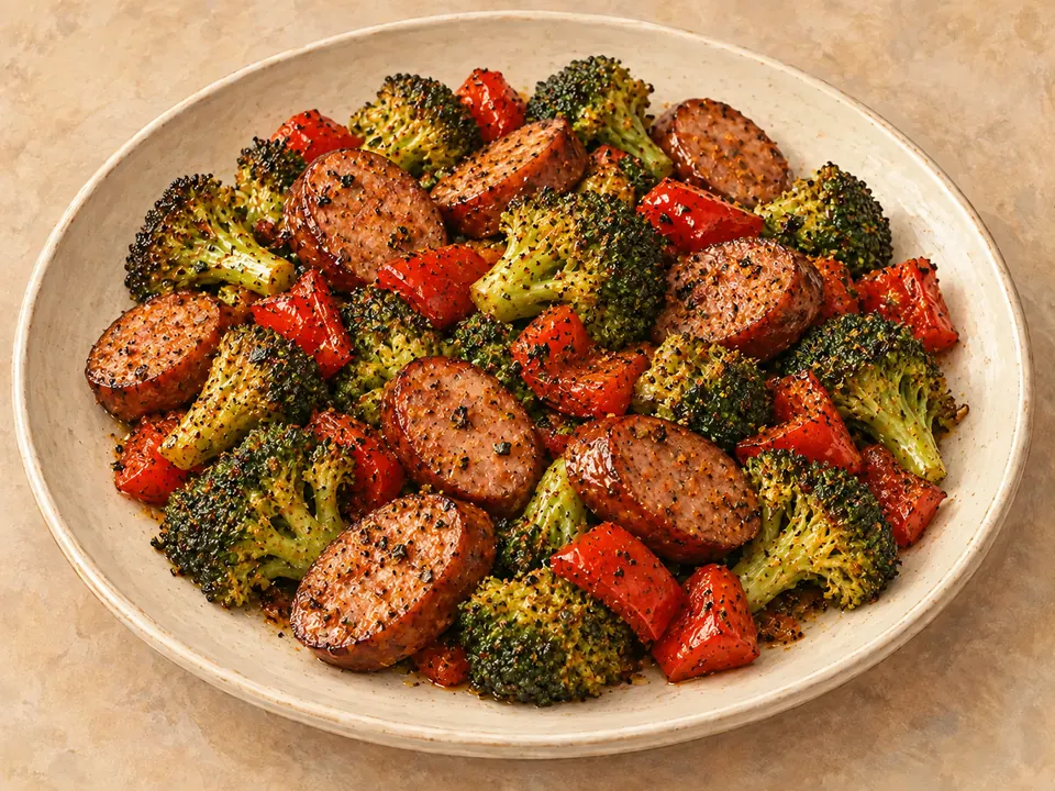 Illustration of roasted smoked sausage with broccoli and red bell pepper.