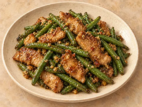Illustration of pork strips and green beans coated in sesame sauce.