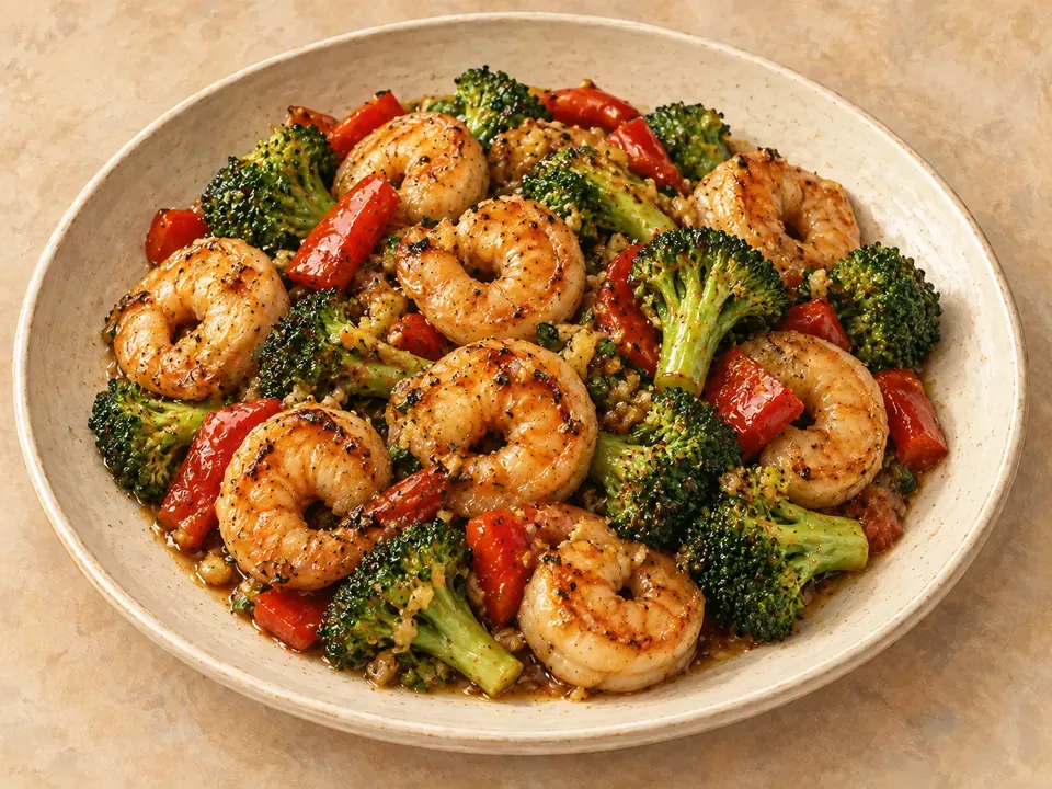 Illustration of shrimp stir-fry with broccoli and red bell pepper in sesame-soy sauce.