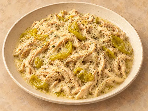 Illustration of slow-cooked shredded chicken with ranch seasoning, cream cheese and pepperoncini.