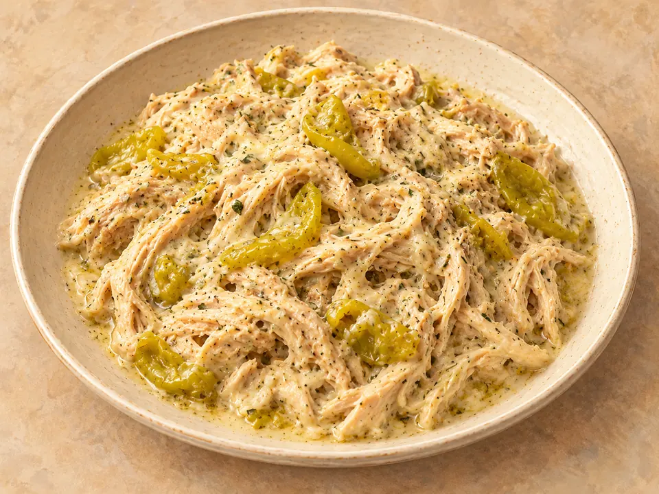 Illustration of slow-cooked shredded chicken with ranch seasoning, cream cheese and pepperoncini.