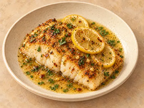 Illustration of seared and baked cod fillets in lemon-garlic butter sauce.