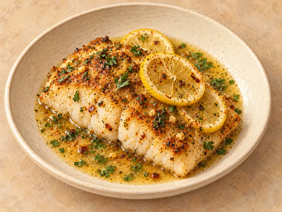 Illustration of seared and baked cod fillets in lemon-garlic butter sauce.