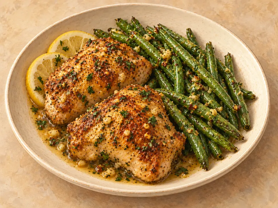 Illustration of pan-cooked chicken thighs with green beans in lemon-garlic butter sauce.