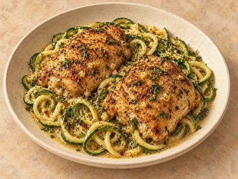 Illustration of chicken thighs and zucchini noodles in lemon-garlic butter sauce.