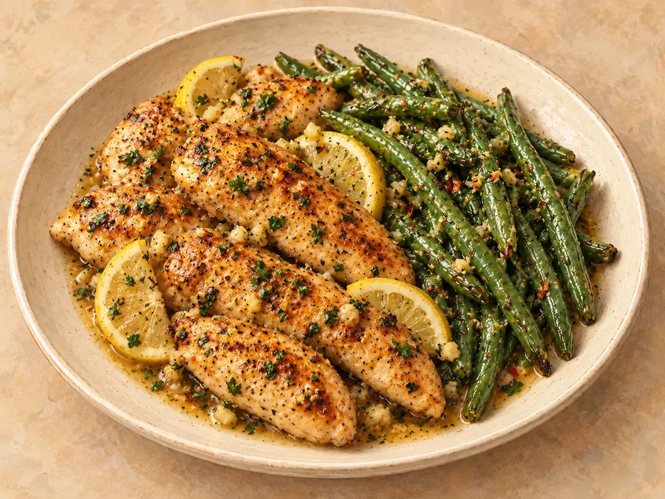 Illustration of chicken tenders and green beans coated in lemon-garlic butter sauce.