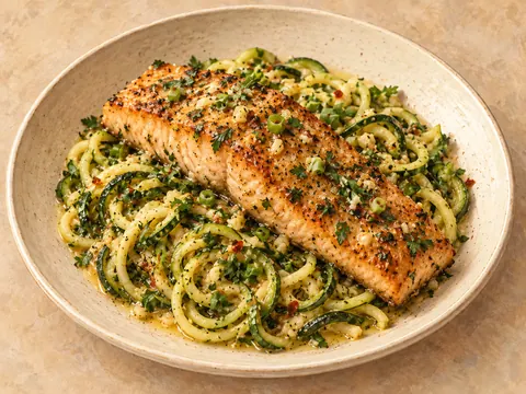 Illustration of salmon with zucchini noodles in lemon-garlic butter sauce.
