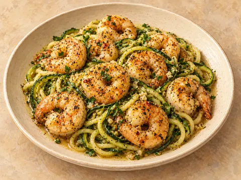 Illustration of shrimp and zucchini noodles coated in lemon-garlic butter sauce.