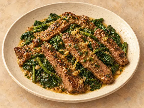 Illustration of steak strips and spinach in lemon-garlic butter sauce.