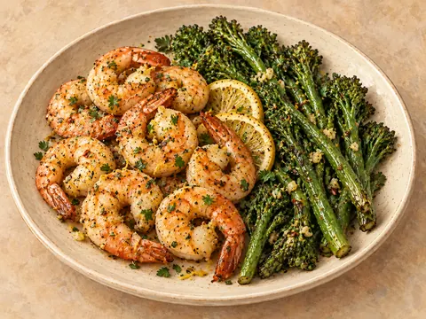 Illustration of roasted shrimp and broccolini with lemon-garlic seasoning.