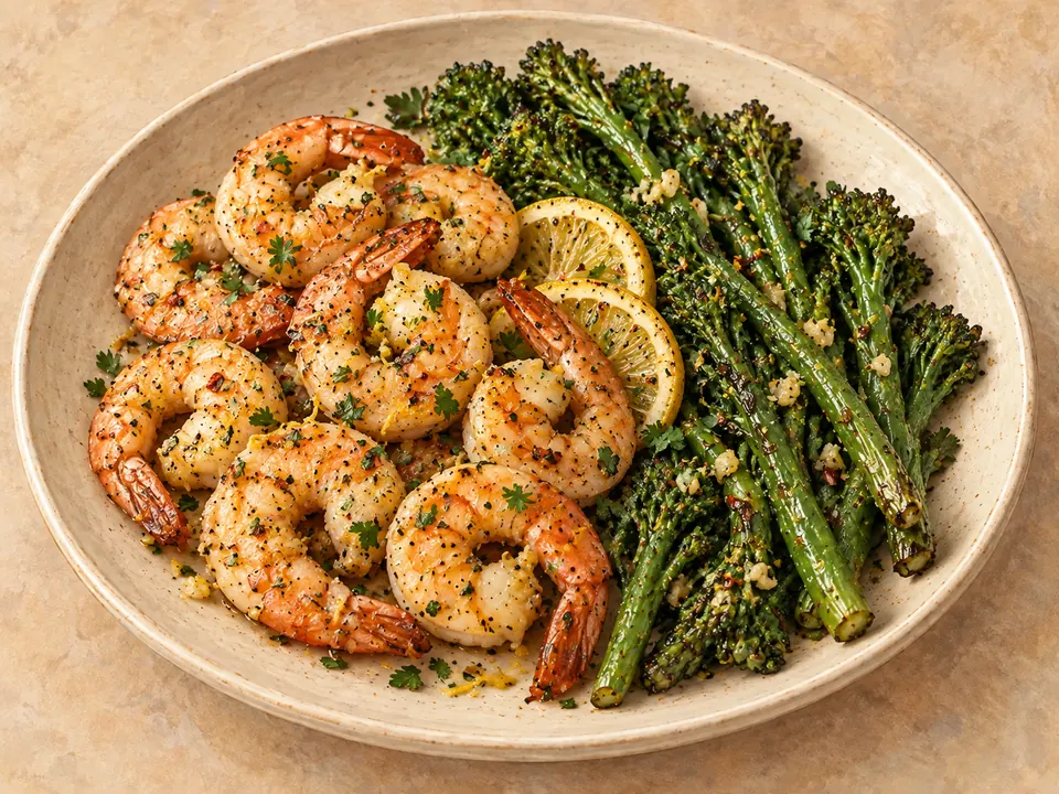 Illustration of roasted shrimp and broccolini with lemon-garlic seasoning.