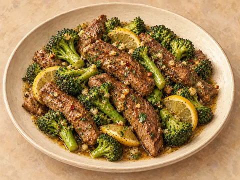 Illustration of steak strips and broccoli in lemon-garlic butter sauce.