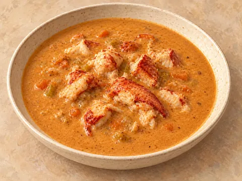 Illustration of creamy lobster bisque with lobster meat and a blended vegetable base.