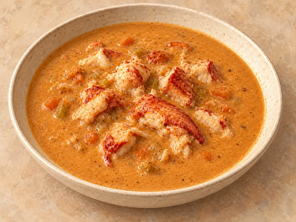 Illustration of creamy lobster bisque with lobster meat and a blended vegetable base.