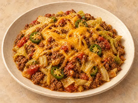 Illustration of ground beef taco casserole with cabbage, tomatoes and melted cheddar.