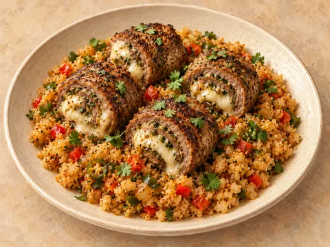 Illustration of cheese-filled steak roll-ups over spiced Mexican cauliflower rice.