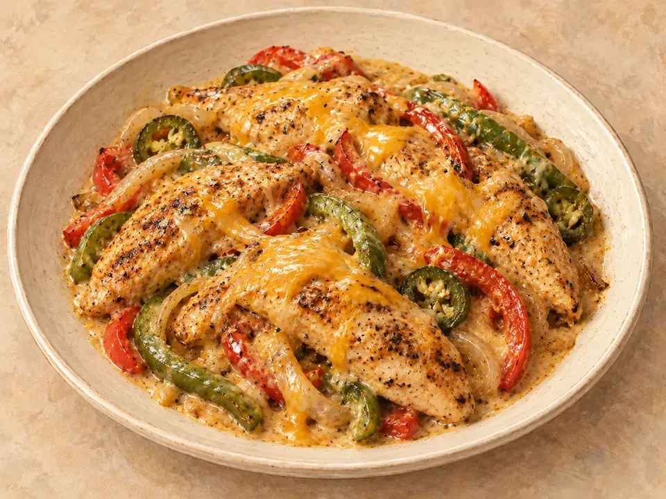 Illustration of chicken and fajita peppers in creamy cheddar sauce.