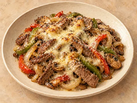 Illustration of steak strips, bell peppers and mushrooms under melted mozzarella and parmesan.