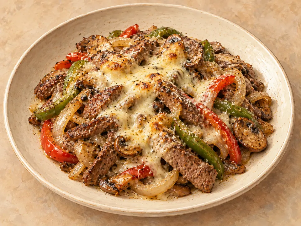 Illustration of steak strips, bell peppers and mushrooms under melted mozzarella and parmesan.