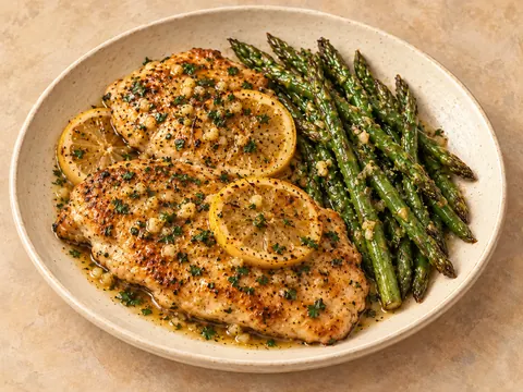 Illustration of pan-cooked chicken and asparagus with lemon-butter sauce.