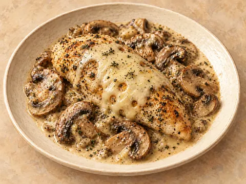 Illustration of chicken breasts with mushrooms in cream sauce and melted Swiss cheese.