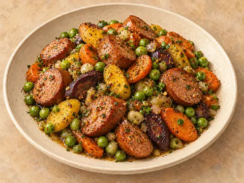 Illustration of browned smoked sausage with carrots, green peas and spring onions.