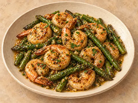 Illustration of shrimp and asparagus coated in lemon-garlic butter sauce.