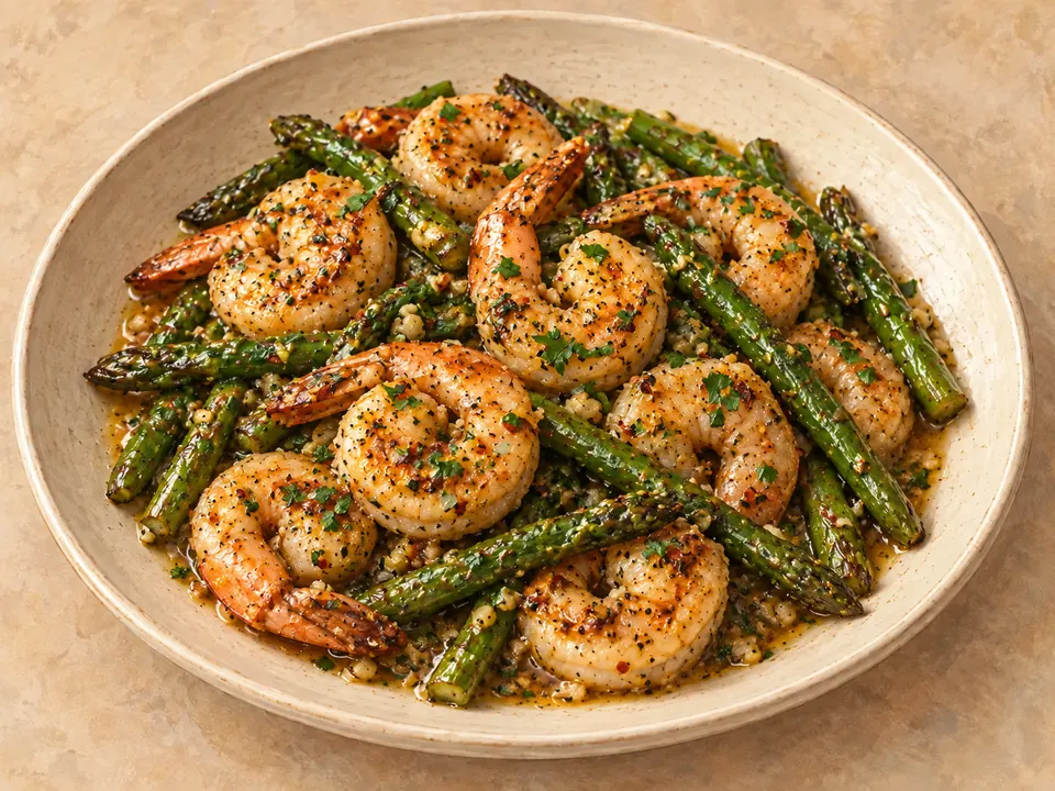 Illustration of shrimp and asparagus coated in lemon-garlic butter sauce.