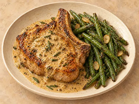 Illustration of seared pork chops with creamy rosemary gravy and garlicky green beans.
