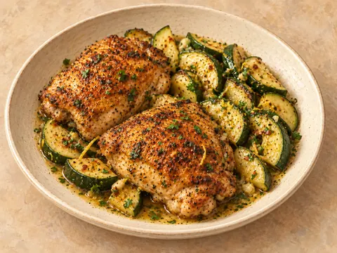 Illustration of paprika-seasoned chicken thighs with lemon-garlic zucchini wedges.