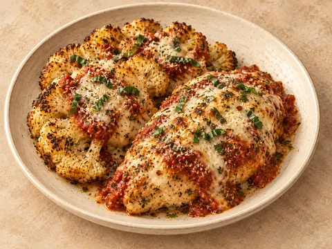 Illustration of baked chicken over cauliflower steaks with marinara, parmesan and mozzarella.