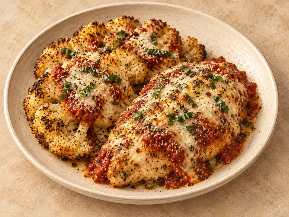 Illustration of baked chicken over cauliflower steaks with marinara, parmesan and mozzarella.