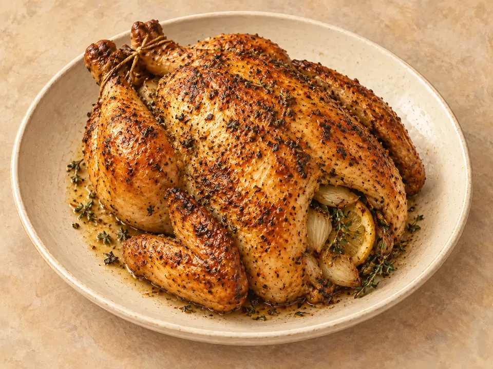Illustration of a whole roast chicken with paprika, garlic and herb-seasoned skin.