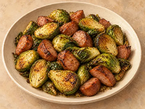 Illustration of roasted Brussels sprouts with browned kielbasa pieces.