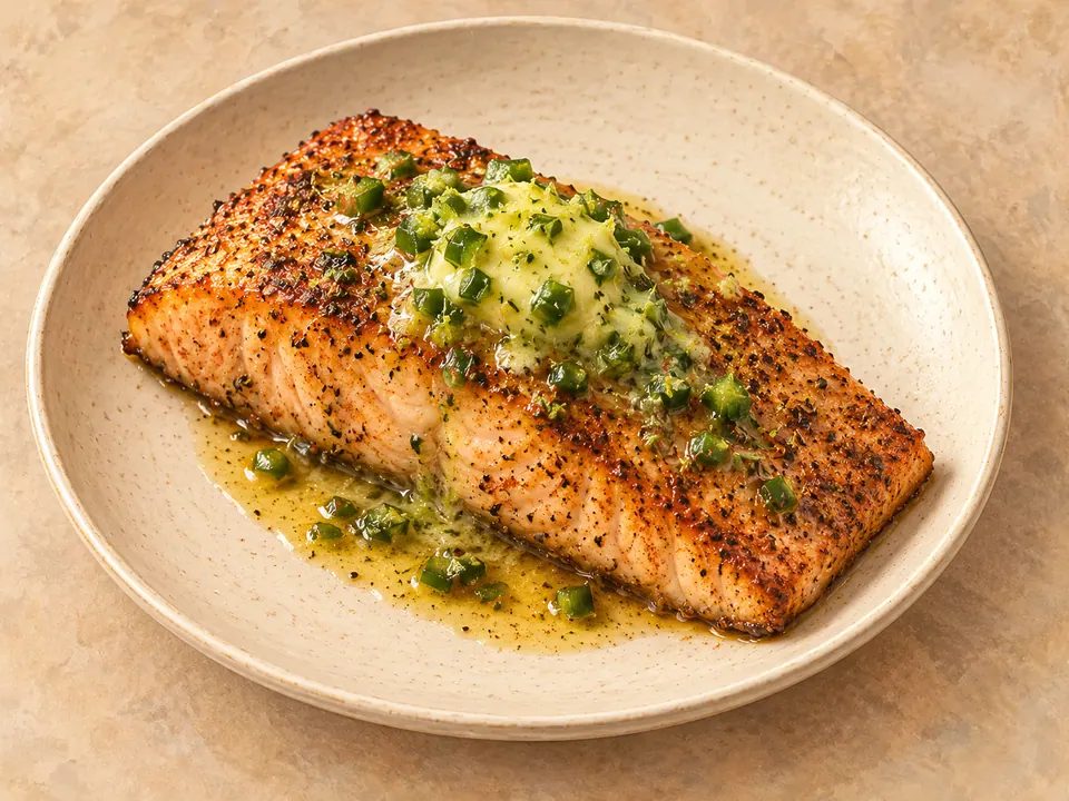 Illustration of cooked salmon topped with jalapeño-lime butter.