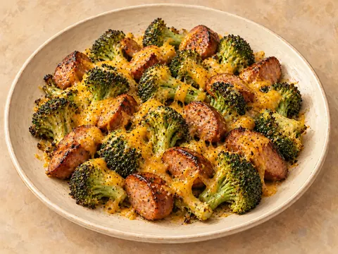 Illustration of roasted sausage and broccoli under melted cheddar.